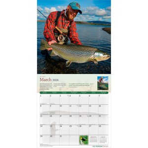 May include: A calendar page for March 2026 featuring a fisherman holding a large brown trout. The calendar includes dates, a small image of a person fishing, and text about fly fishing.
