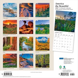 Peut inclure: Un calendrier mural 2027 de 16 mois intitul&eacute; America the Beautiful, pr&eacute;sentant douze photographies de paysages de parcs nationaux am&eacute;ricains, incluant une grande page de grille de calendrier pour avril 2027 avec une image de for&ecirc;t.