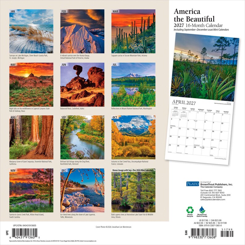 Peut inclure: Un calendrier mural 2027 de 16 mois intitul&eacute; America the Beautiful, pr&eacute;sentant douze photographies de paysages de parcs nationaux am&eacute;ricains, incluant une grande page de grille de calendrier pour avril 2027 avec une image de for&ecirc;t.