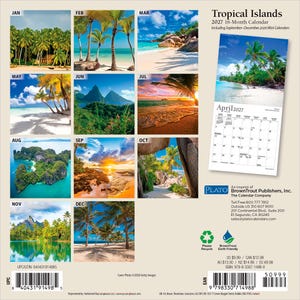 May include: A 2027 16-month Tropical Islands wall calendar featuring twelve distinct color photographs of tropical landscapes, including palm trees, beaches, and mountains. The back cover displays a preview of the April 2027 page and a barcode.