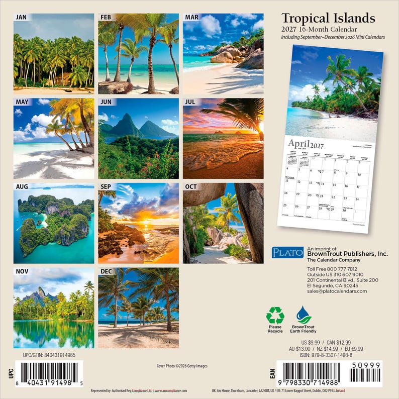 May include: A 2027 16-month Tropical Islands wall calendar featuring twelve distinct color photographs of tropical landscapes, including palm trees, beaches, and mountains. The back cover displays a preview of the April 2027 page and a barcode.
