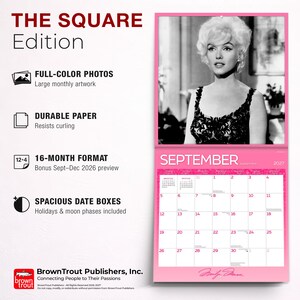 May include: A square wall calendar featuring a black and white portrait of Marilyn Monroe for September 2027. The calendar has a pink border, a grid for dates, and text including THE SQUARE Edition, 16-MONTH FORMAT, and BrownTrout Publishers, Inc.