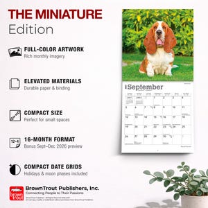 Puede incluir: Un calendario de pared 2027 titulado The Miniature Edition que muestra un Basset Hound en la p&aacute;gina de septiembre. El calendario incluye un formato de 16 meses, cuadr&iacute;culas de fechas compactas con d&iacute;as festivos y fases lunares, y papel duradero.