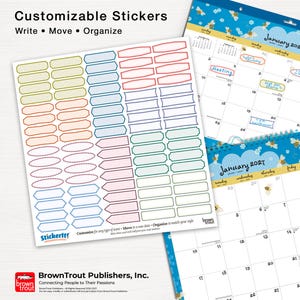 May include: A sheet of customizable stickers in various shapes and colors, including rectangular, oval, and arrow-like designs. The stickers are displayed alongside a calendar featuring bee illustrations and handwritten notes in the sticker labels.