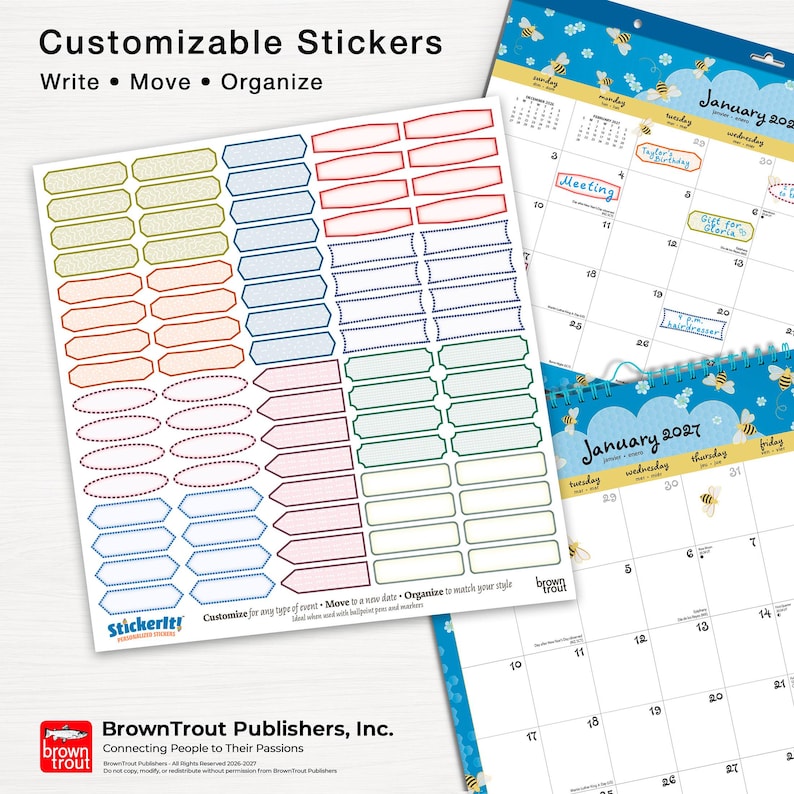 May include: A sheet of customizable stickers in various shapes and colors, including rectangular, oval, and arrow-like designs. The stickers are displayed alongside a calendar featuring bee illustrations and handwritten notes in the sticker labels.