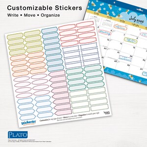 May include: A sheet of colourful, customisable stickers with the text "Write, Move, Organise." The stickers are various shapes and colours, including rectangles, ovals, and arrows. A calendar for July 2026 is visible in the background.