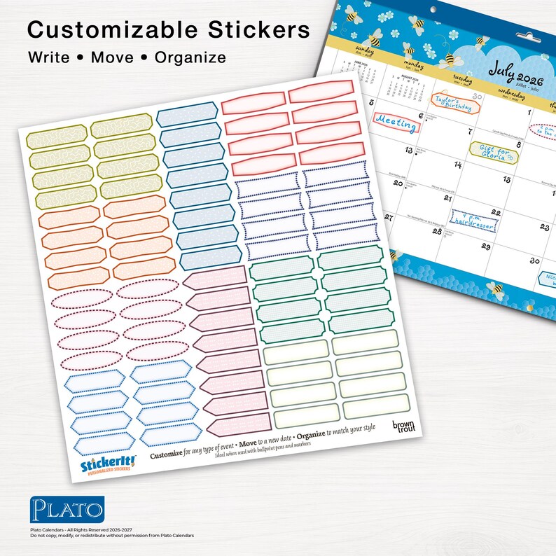 May include: A sheet of colourful, customisable stickers with the text "Write, Move, Organise." The stickers are various shapes and colours, including rectangles, ovals, and arrows. A calendar for July 2026 is visible in the background.