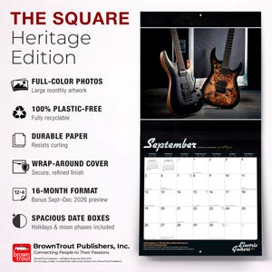 May include: A wall calendar titled The Square Heritage Edition featuring electric guitars. The page shows September with a grid of dates, moon phases, and holidays. Text includes full-colour photos, 100% plastic-free, durable paper, and 16-month format.