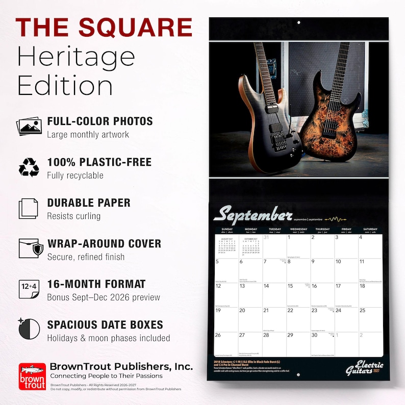 May include: A wall calendar titled The Square Heritage Edition featuring electric guitars. The page shows September with a grid of dates, moon phases, and holidays. Text includes full-colour photos, 100% plastic-free, durable paper, and 16-month format.