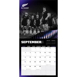 May include: A 2020 calendar featuring the All Blacks rugby team. The September page shows a black and white image of the team. The calendar has a black border and includes the days of the week and dates.