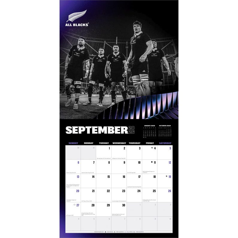 May include: A 2020 calendar featuring the All Blacks rugby team. The September page shows a black and white image of the team. The calendar has a black border and includes the days of the week and dates.