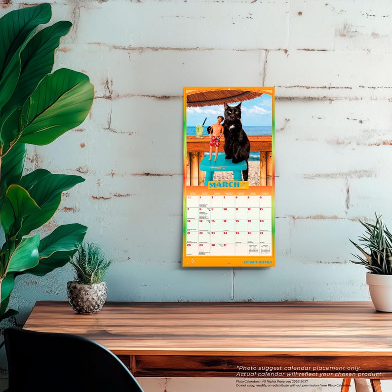 Pu&ograve; includere: Un calendario da parete per il mese di marzo con una fotografia di un gatto nero e una bambola maschile su uno sgabello blu con uno sfondo di spiaggia. La griglia del calendario mostra le date dall'1 al 31 con la parola MARCH in blu.