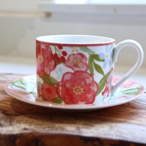 tea set: “Camellia” tea cup, saucer and tea plate make up this lovely set perfect for summer tea party. vintage hand-painted ceramic cup set