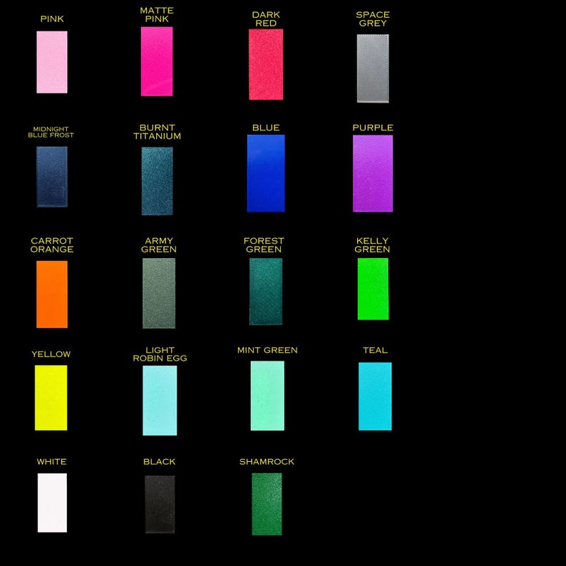 May include: A colour chart with 18 different colours, including pink, red, blue, green, yellow, orange, white, black, and grey. Each colour is labelled with its name.