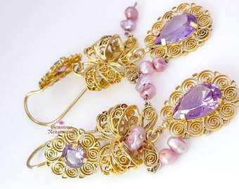 Victorian 10k Gold Filigree Rose De France Amethyst Pearl Earrings Mex