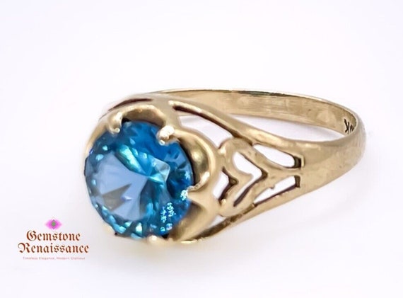 10k Yellow Gold Blue Zircon Solitaire Ring Art De… - image 3