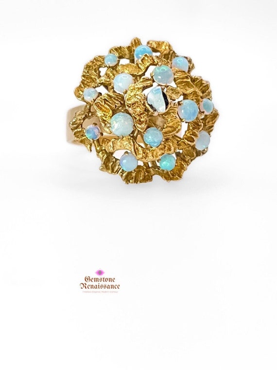 Opal Cluster Ring 14K Yellow Gold Retro Mid-Centu… - image 7