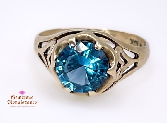 10k Yellow Gold Blue Zircon Solitaire Ring Art De… - image 4