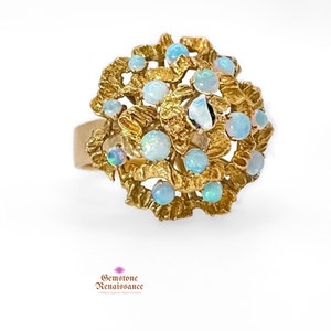 Opal Cluster Ring 14K Yellow Gold Retro Mid-Century Modern Brutalist