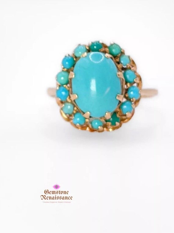 18K Rose Gold Halo Turquoise Ring Antique Victori… - image 2