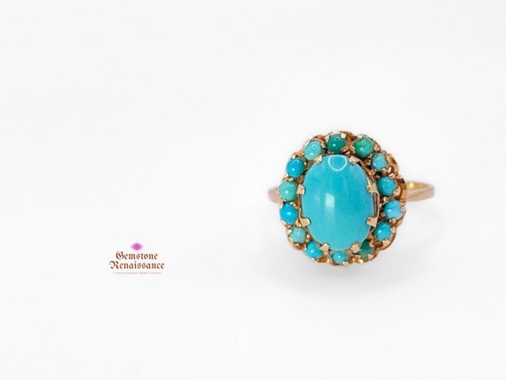 18K Rose Gold Halo Turquoise Ring Antique Victori… - image 9