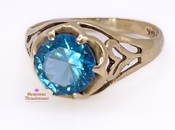 10k Yellow Gold Blue Zircon Solitaire Ring Art De… - image 6