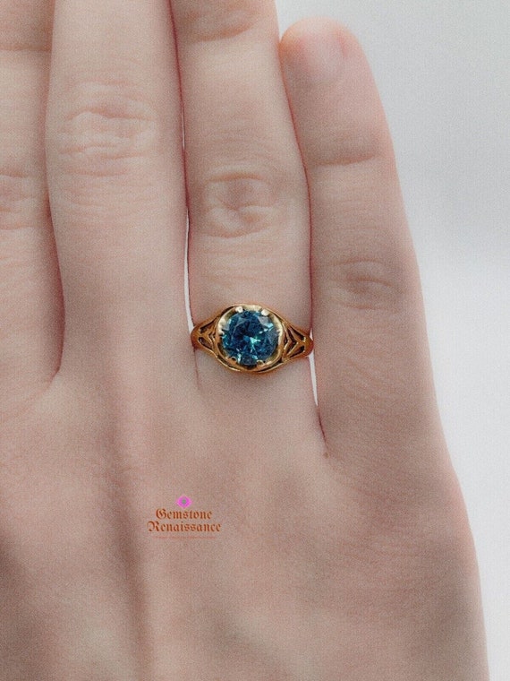 10k Yellow Gold Blue Zircon Solitaire Ring Art De… - image 8