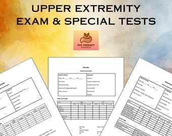 May include: Black and white printable forms for upper extremity exam and special tests. The forms include sections for systems review, physical examination, ROM and strength, and special tests for the shoulder, elbow, wrist/hand.
