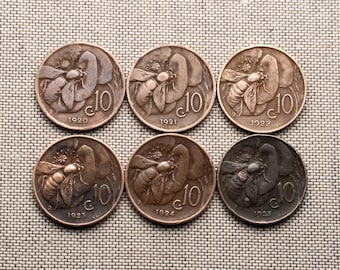 Zestaw 6 zabytkowych włoskich monet (1920–1925) – 10 centesimi – miedź – stan bardzo dobry
