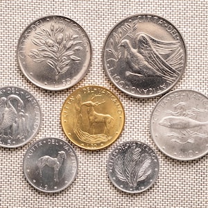 Puede incluir: Una colección de monedas de la Ciudad del Vaticano, con varios diseños. Las monedas son plateadas y doradas, con imágenes de una paloma, un ciervo, un pez y otros motivos botánicos y animales. Las monedas están dispuestas sobre una superficie clara y texturizada.