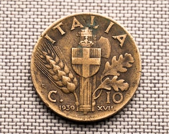 Włochy, 10 centesimi, 1939 r. – moneta VF – początek II wojny światowej – Vittorio Emanuele III – autentyczny prezent historyczny