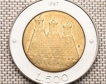 San Marino 500 lirów 1987 – Moneta tożsamości Republiki – Historyczny symbol państwa europejskiego – Dwumetalowa moneta vintage – Unikalna moneta światowa XF