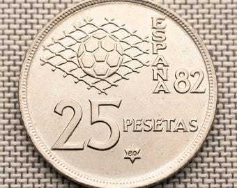 Hiszpania 25 peset 1980 – Moneta Mistrzostw Świata Hiszpania 82 – Moneta z motywem piłkarskim – Wczesna era demokracji – Moneta hiszpańska vintage XF