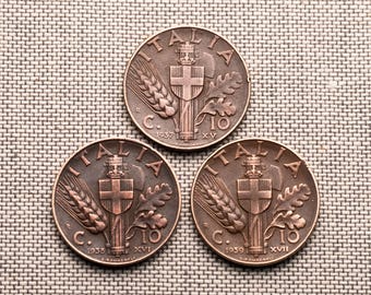 Zestaw 3 zabytkowych włoskich monet (1937–1939) – 10 centesimi VF – Okres przed II wojną światową – Monety miedziane – Prezent historyczny