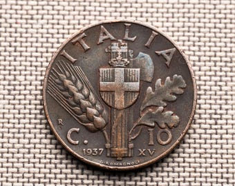 Vintage Italy 10 Centesimi 1937 – Moneta VF – Era przed II wojną światową – Vittorio Emanuele III – Autentyczny prezent historyczny