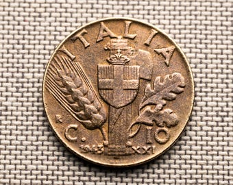 Włochy, 10 centesimi, 1943 r. – moneta VF – koniec II wojny światowej – Vittorio Emanuele III – autentyczny prezent historyczny