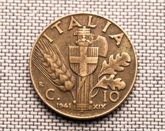 Vintage Italy 10 Centesimi 1941 – Moneta VF – Era II wojny światowej – Vittorio Emanuele III – Autentyczny prezent historyczny