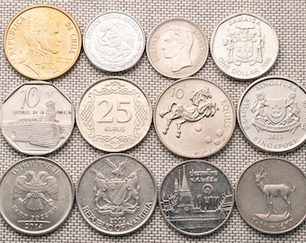 12 autentycznych monet świata UNC – egzotyczna partia monet zagranicznych – lśniące monety nieobiegowe – wyjątkowy prezent z całego świata – kolekcja monet