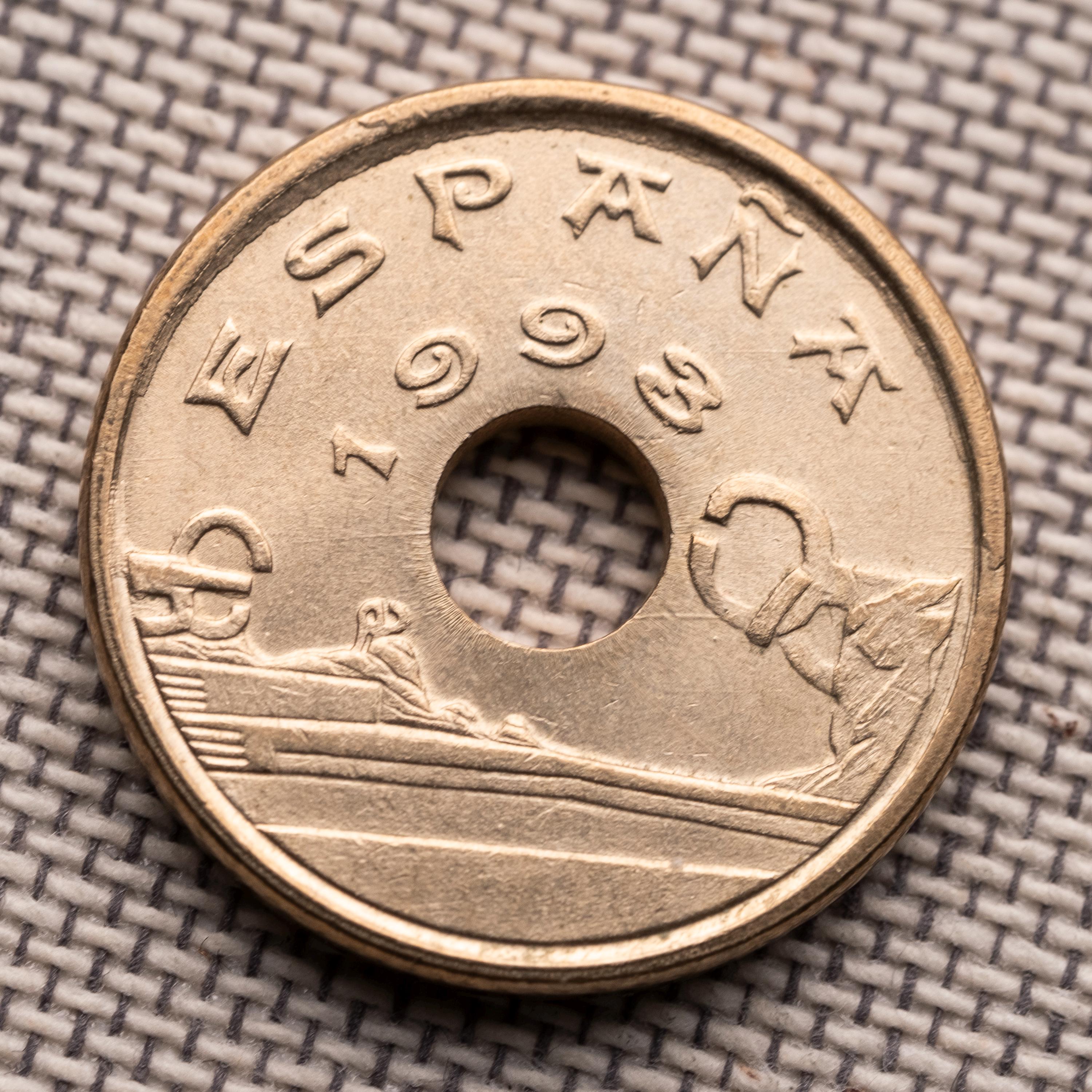 スペイン 25ペセタ 1993年硬貨 – 穴あきヴィンテージスペイン硬貨 XF