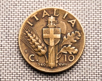 Vintage Italy 10 Centesimi 1940 – Moneta VF – Era II wojny światowej – Vittorio Emanuele III – Autentyczny prezent historyczny