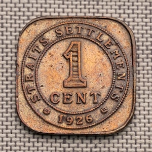1926 Straits Settlements 1 Cent Square Coin – King George V – Bronze – XF Condition – Rare Colonial Coin