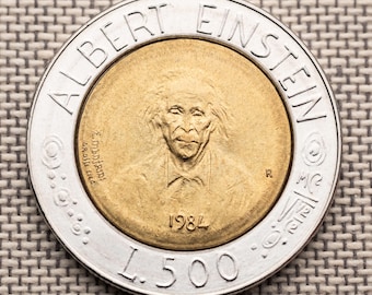 San Marino 500 lirów 1984 – Moneta Alberta Einsteina – Temat nauki i geniuszu – Dwumetalowa moneta europejska – Unikalna moneta historyczna XF