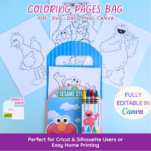 May include: A blue coloring pages bag with Sesame Street characters and crayons. The bag includes coloring pages with Big Bird, Cookie Monster, and Elmo. Text on the bag says "COLORING PAGES BAG" and "FULLY EDITABLE IN Canva."