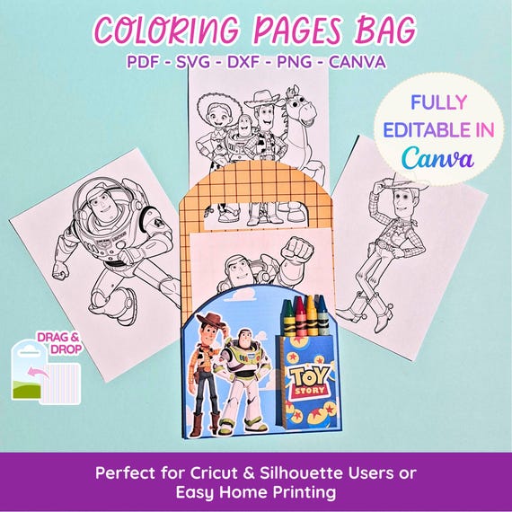 Toy Story Coloring Pages Bag Template | SVG PNG PDF| Kids Activity Pack | Printable Party Favor | Editable Canva Template | Instant Download