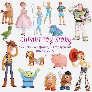 Puede incluir: Una colección de ilustraciones de personajes de dibujos animados de la película animada Toy Story. La imagen incluye a Woody, Buzz Lightyear y otros personajes. El texto dice "CLIPART TOY STORY".