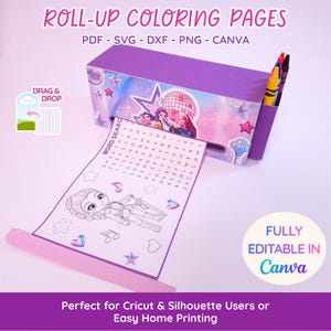 May include: A purple roll-up coloring page set with the text "Roll-Up Coloring Pages". The set includes a box with crayons and a roll of coloring pages featuring a word search and a cartoon character. The text "Fully Editable in Canva" is also visible.
