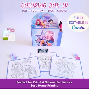 Może przedstawiać: Jasnoniebieskie pudełko do kolorowania 3D z napisem "COLORING BOX 3D" i "PDF - SVG - DXF - PNG - CANVA". Pudełko ma kreskówkowy design i tekst "FULLY EDITABLE IN Canva". Zawiera kolorowanki i tekst "Perfect for Cricut & Silhouette Users or Easy Home Printing".