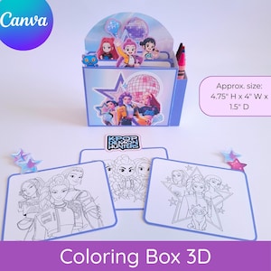 May include: A blue 3D coloring box with a KPOP theme, featuring illustrations of animated characters and the text "KPOP DEMON HUNTERS." The box is approximately 12 cm high, 10 cm wide, and 4 cm deep. Includes coloring pages with line art.