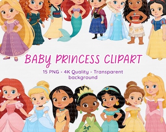 May include: A digital illustration featuring 15 baby princess characters in various dresses and outfits. The text "BABY PRINCESS CLIPART" is displayed in pink, along with details about the image quality and background.