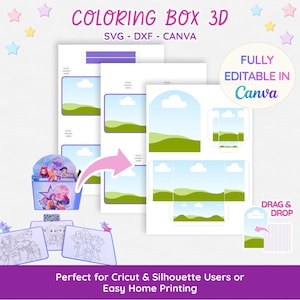 May include: A digital design for a 3D coloring box, compatible with SVG, DXF, and Canva. The design includes printable templates and a box with a star and character graphics. The text reads "COLORING BOX 3D" and "FULLY EDITABLE IN Canva".